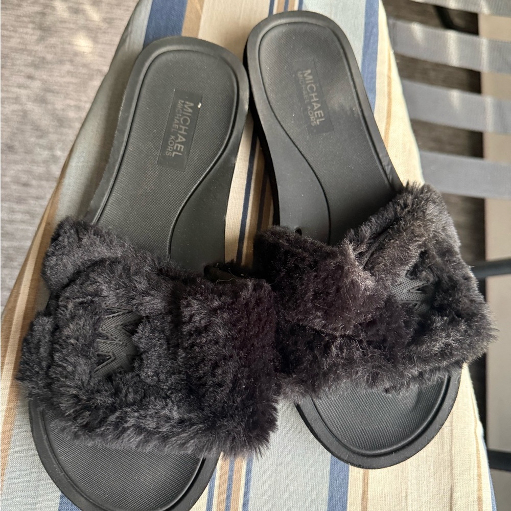 Michael Kors Black Plush Slipper Slides